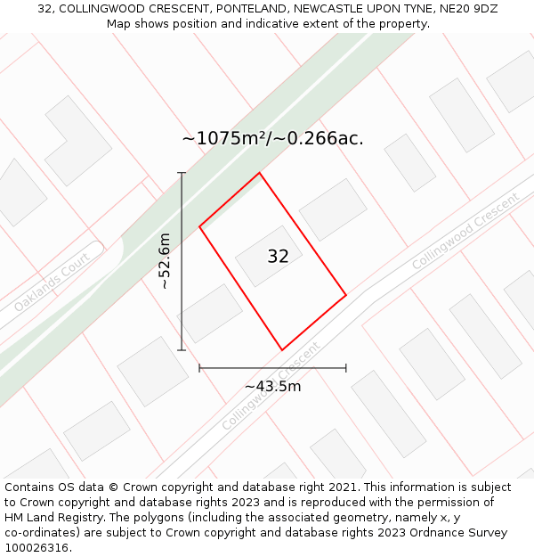 32, COLLINGWOOD CRESCENT, PONTELAND, NEWCASTLE UPON TYNE, NE20 9DZ: Plot and title map