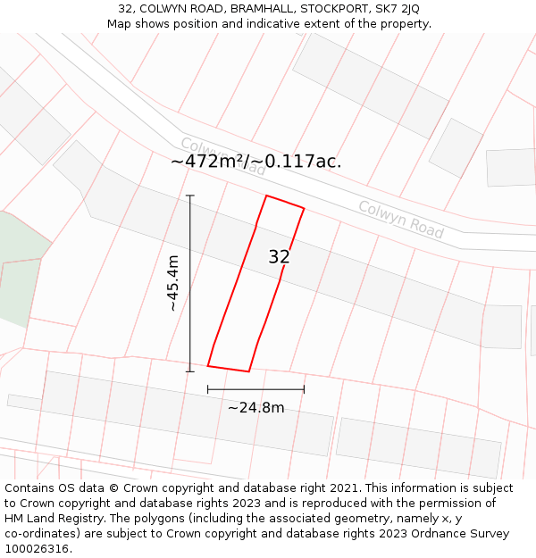 32, COLWYN ROAD, BRAMHALL, STOCKPORT, SK7 2JQ: Plot and title map