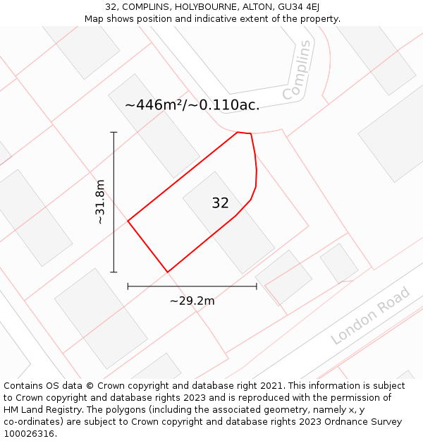 32, COMPLINS, HOLYBOURNE, ALTON, GU34 4EJ: Plot and title map