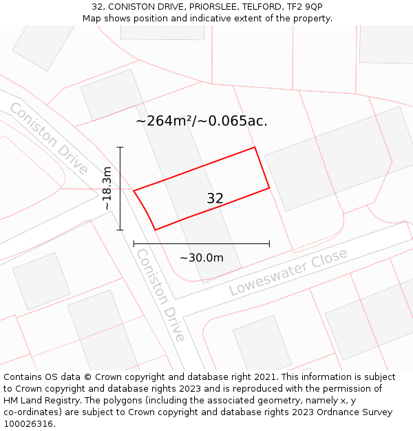 32, CONISTON DRIVE, PRIORSLEE, TELFORD, TF2 9QP: Plot and title map