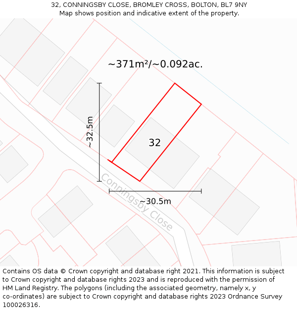 32, CONNINGSBY CLOSE, BROMLEY CROSS, BOLTON, BL7 9NY: Plot and title map