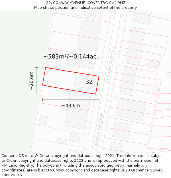 32, CONWAY AVENUE, COVENTRY, CV4 9HZ: Plot and title map