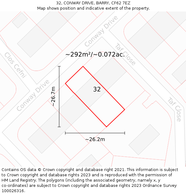 32, CONWAY DRIVE, BARRY, CF62 7EZ: Plot and title map