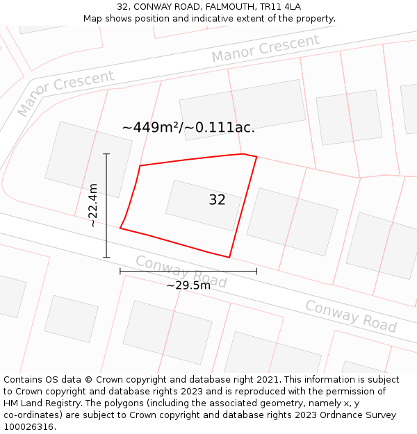 32, CONWAY ROAD, FALMOUTH, TR11 4LA: Plot and title map