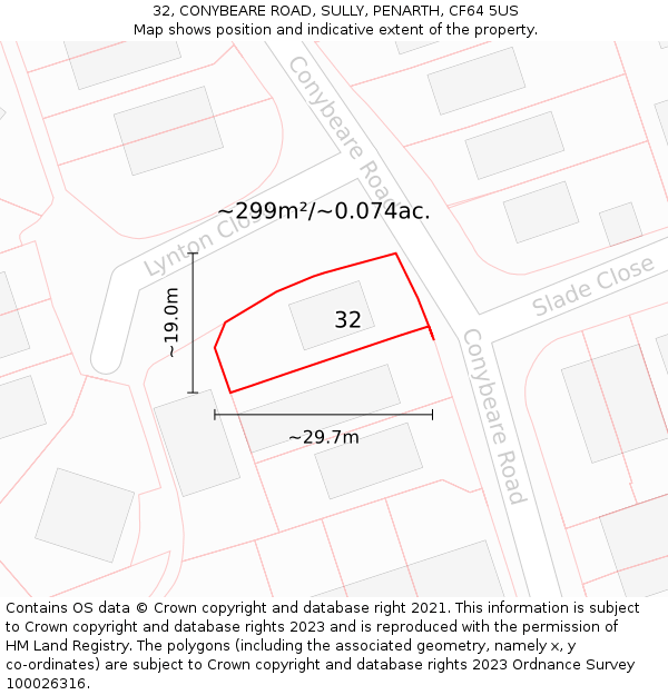 32, CONYBEARE ROAD, SULLY, PENARTH, CF64 5US: Plot and title map