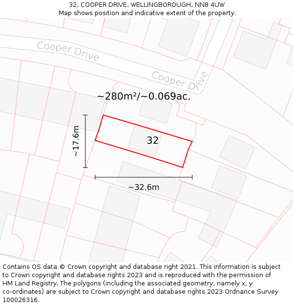 32, COOPER DRIVE, WELLINGBOROUGH, NN8 4UW: Plot and title map