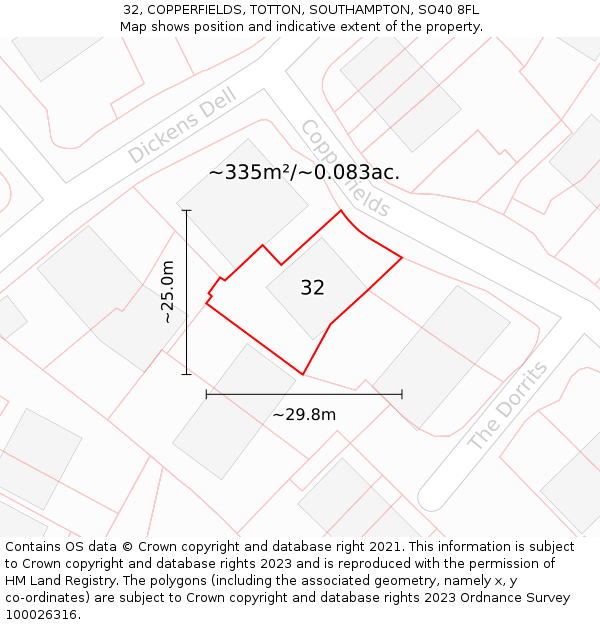 32, COPPERFIELDS, TOTTON, SOUTHAMPTON, SO40 8FL: Plot and title map