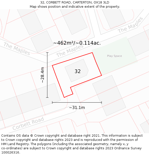 32, CORBETT ROAD, CARTERTON, OX18 3LD: Plot and title map