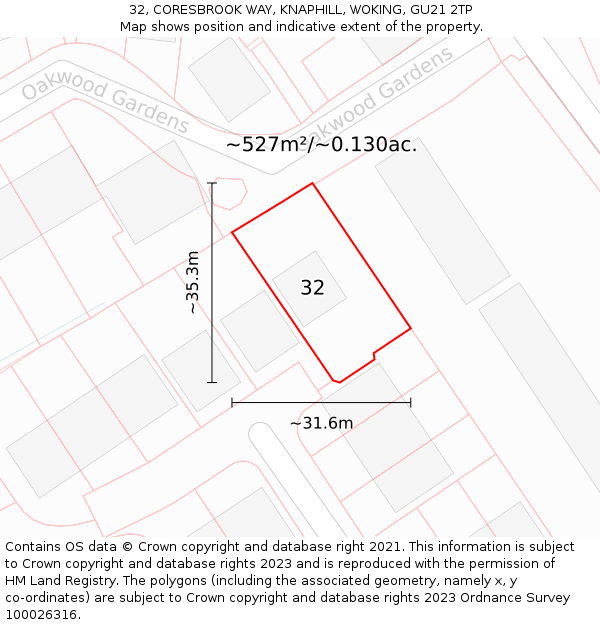 32, CORESBROOK WAY, KNAPHILL, WOKING, GU21 2TP: Plot and title map