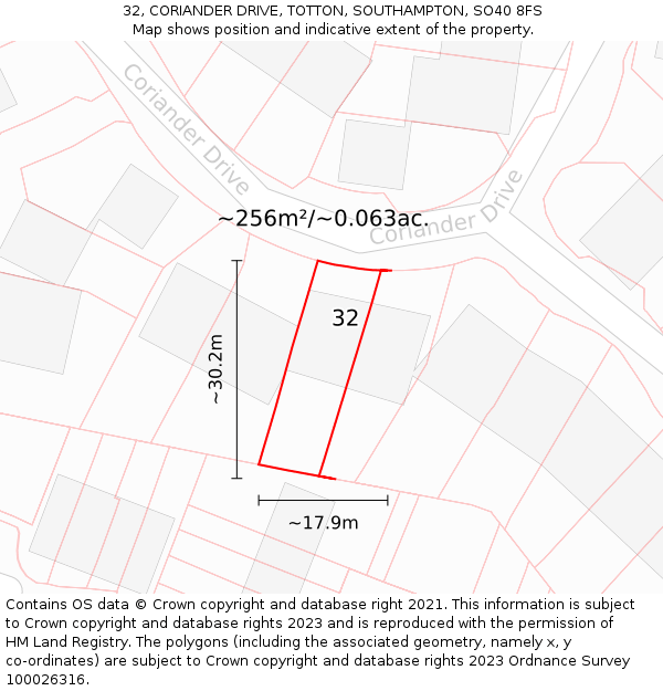 32, CORIANDER DRIVE, TOTTON, SOUTHAMPTON, SO40 8FS: Plot and title map