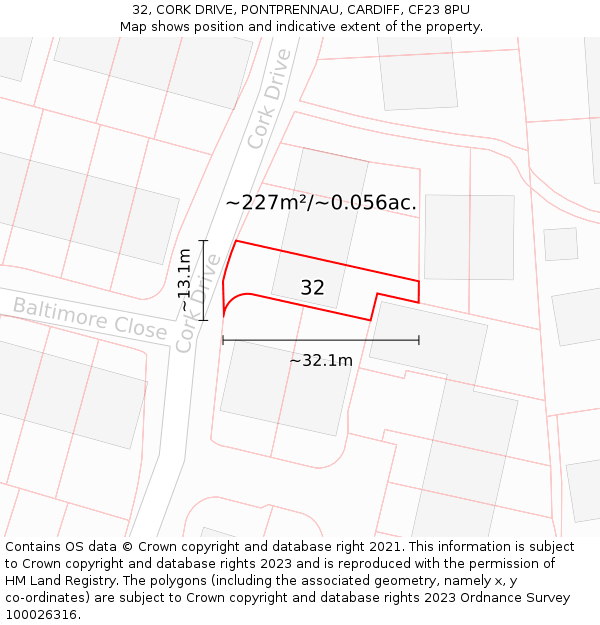 32, CORK DRIVE, PONTPRENNAU, CARDIFF, CF23 8PU: Plot and title map