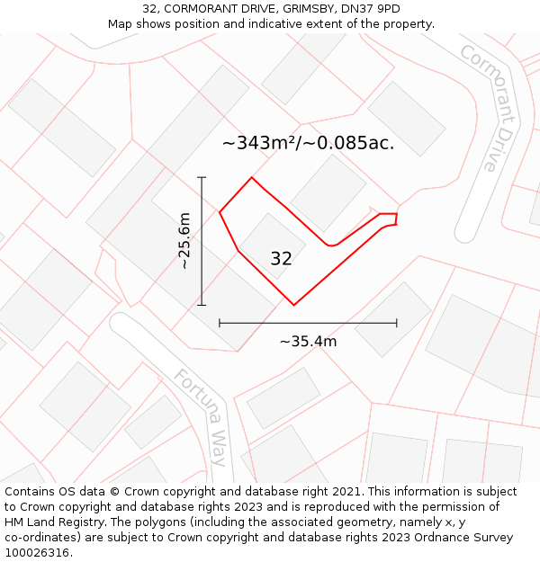 32, CORMORANT DRIVE, GRIMSBY, DN37 9PD: Plot and title map