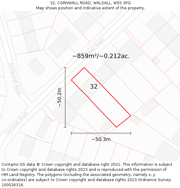 32, CORNWALL ROAD, WALSALL, WS5 3PG: Plot and title map