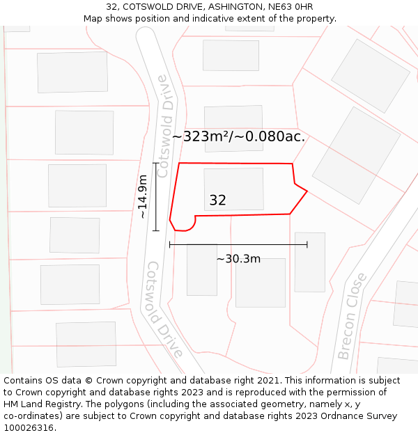 32, COTSWOLD DRIVE, ASHINGTON, NE63 0HR: Plot and title map