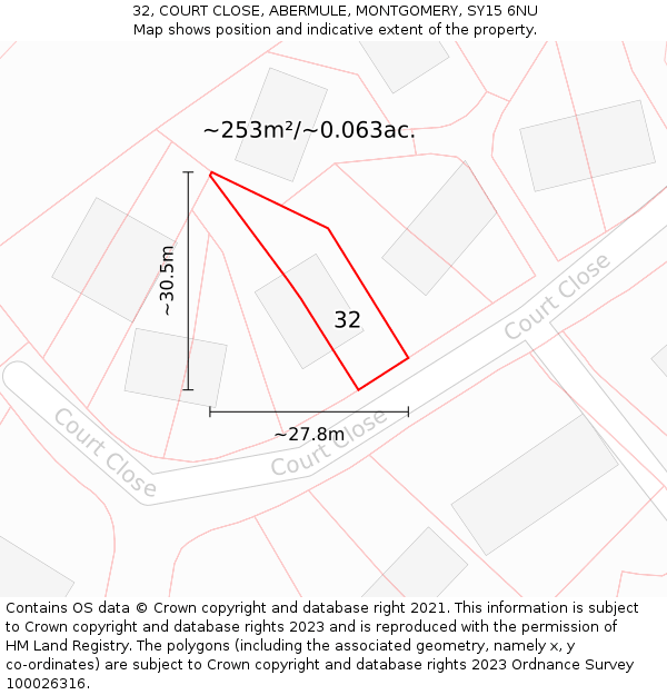 32, COURT CLOSE, ABERMULE, MONTGOMERY, SY15 6NU: Plot and title map
