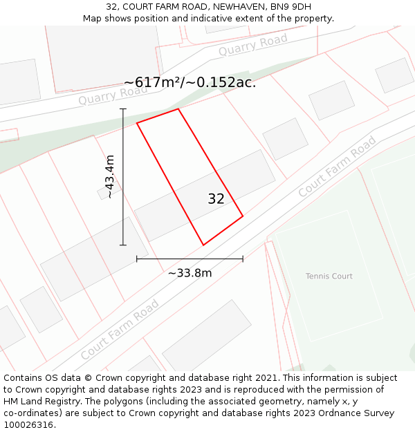 32, COURT FARM ROAD, NEWHAVEN, BN9 9DH: Plot and title map