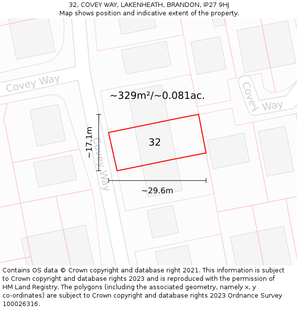 32, COVEY WAY, LAKENHEATH, BRANDON, IP27 9HJ: Plot and title map