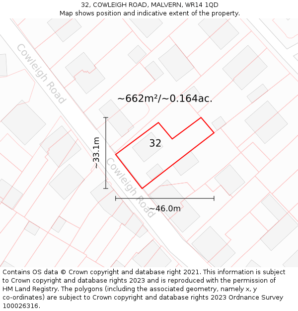 32, COWLEIGH ROAD, MALVERN, WR14 1QD: Plot and title map