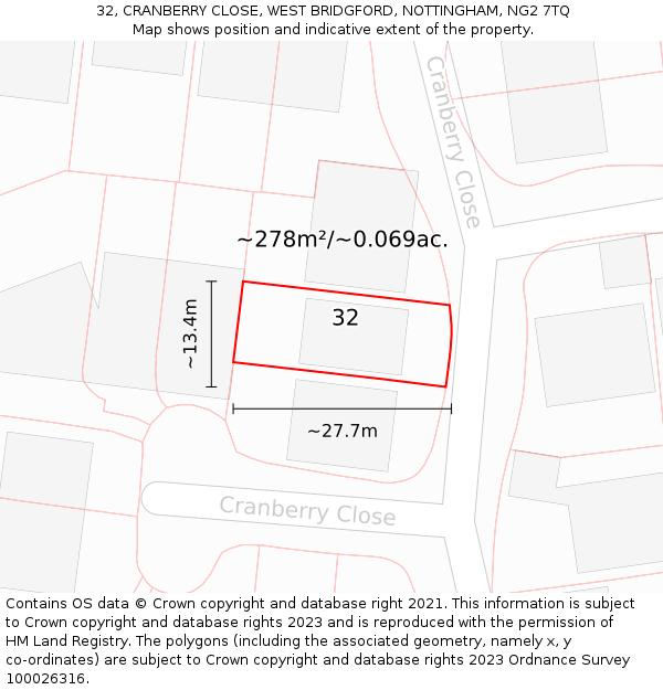 32, CRANBERRY CLOSE, WEST BRIDGFORD, NOTTINGHAM, NG2 7TQ: Plot and title map