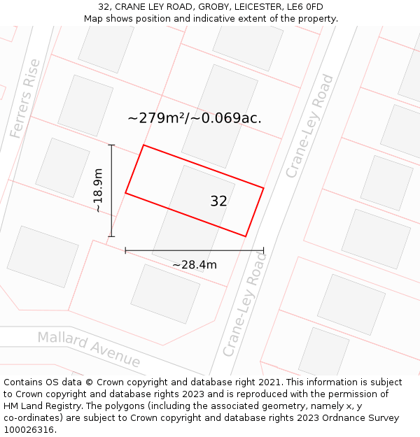 32, CRANE LEY ROAD, GROBY, LEICESTER, LE6 0FD: Plot and title map