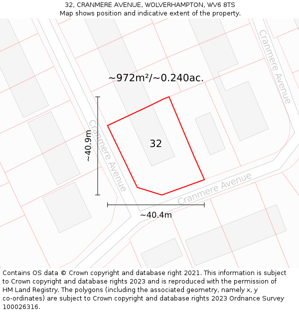 32, CRANMERE AVENUE, WOLVERHAMPTON, WV6 8TS: Plot and title map