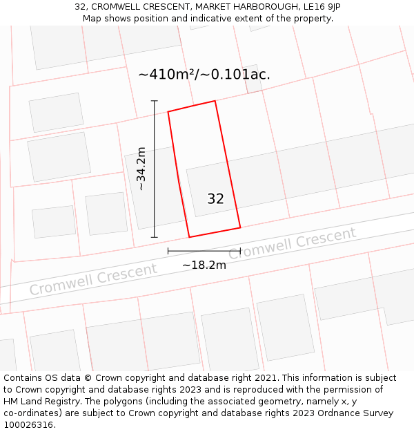 32, CROMWELL CRESCENT, MARKET HARBOROUGH, LE16 9JP: Plot and title map