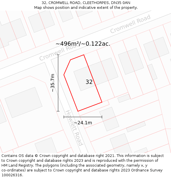 32, CROMWELL ROAD, CLEETHORPES, DN35 0AN: Plot and title map