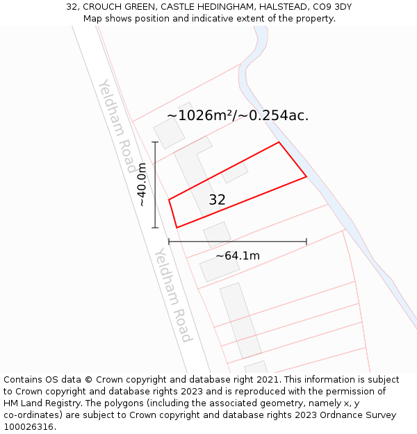 32, CROUCH GREEN, CASTLE HEDINGHAM, HALSTEAD, CO9 3DY: Plot and title map