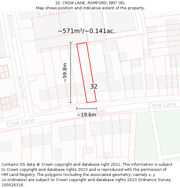 32, CROW LANE, ROMFORD, RM7 0EL: Plot and title map