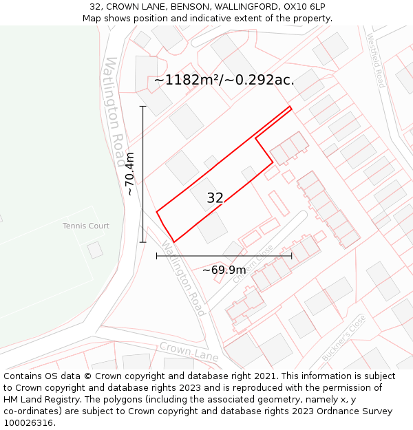 32, CROWN LANE, BENSON, WALLINGFORD, OX10 6LP: Plot and title map