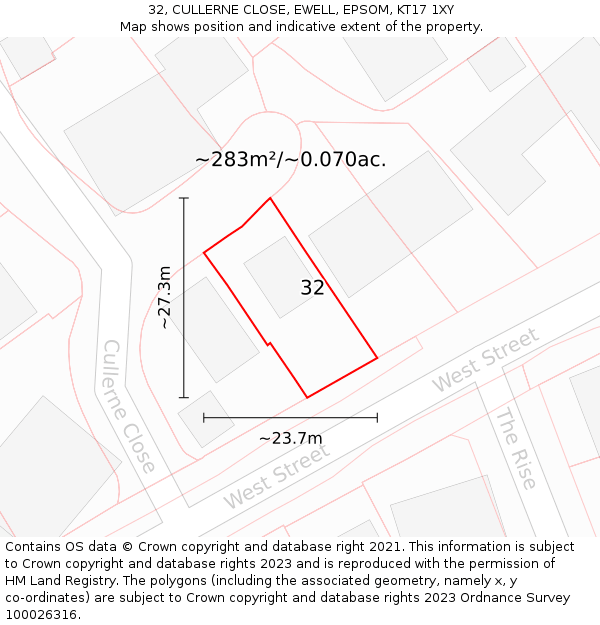 32, CULLERNE CLOSE, EWELL, EPSOM, KT17 1XY: Plot and title map