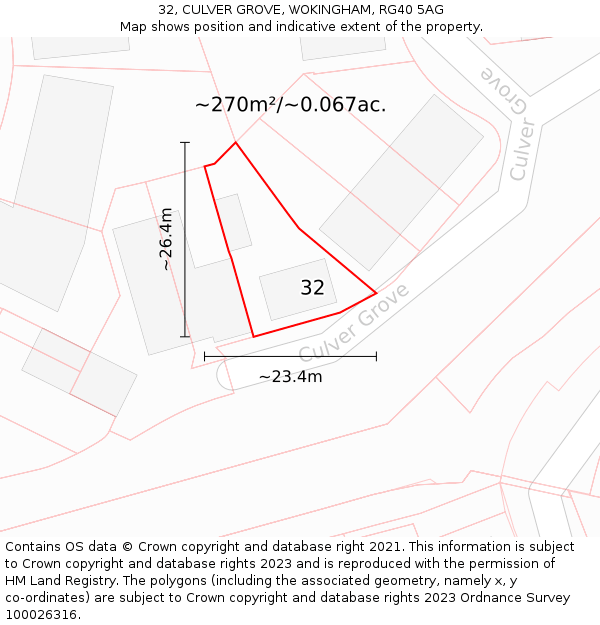 32, CULVER GROVE, WOKINGHAM, RG40 5AG: Plot and title map