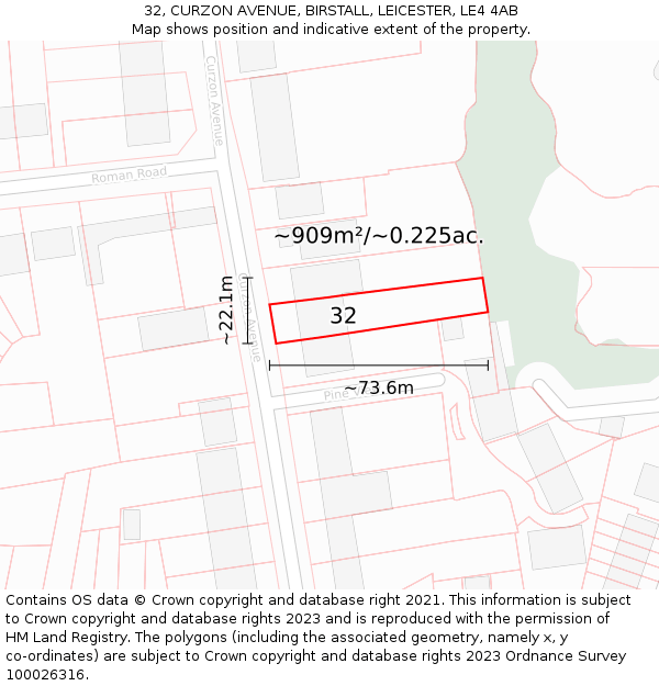 32, CURZON AVENUE, BIRSTALL, LEICESTER, LE4 4AB: Plot and title map