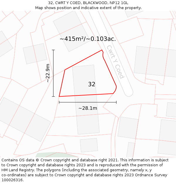 32, CWRT Y COED, BLACKWOOD, NP12 1GL: Plot and title map