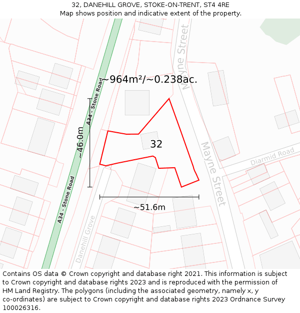 32, DANEHILL GROVE, STOKE-ON-TRENT, ST4 4RE: Plot and title map