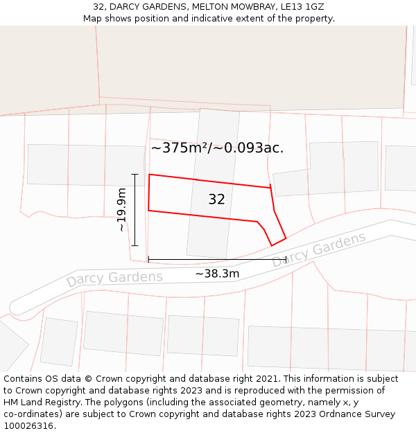 32, DARCY GARDENS, MELTON MOWBRAY, LE13 1GZ: Plot and title map