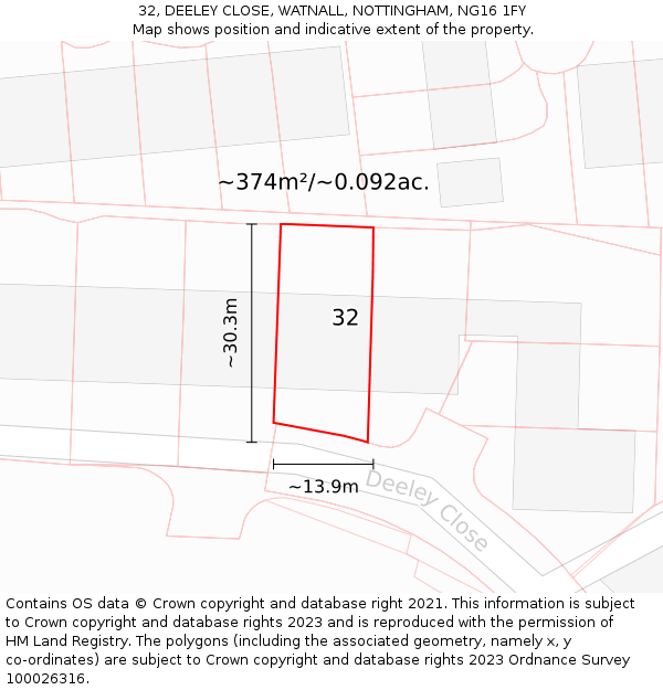 32, DEELEY CLOSE, WATNALL, NOTTINGHAM, NG16 1FY: Plot and title map