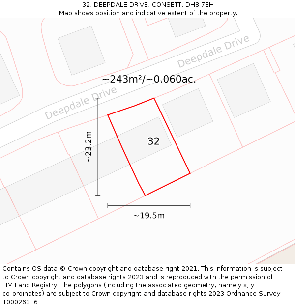 32, DEEPDALE DRIVE, CONSETT, DH8 7EH: Plot and title map