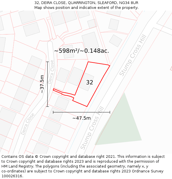 32, DEIRA CLOSE, QUARRINGTON, SLEAFORD, NG34 8UR: Plot and title map