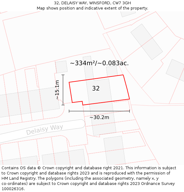 32, DELAISY WAY, WINSFORD, CW7 3GH: Plot and title map