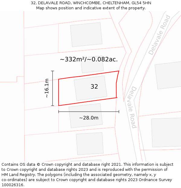 32, DELAVALE ROAD, WINCHCOMBE, CHELTENHAM, GL54 5HN: Plot and title map