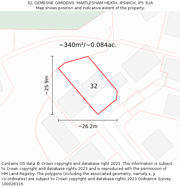 32, DEMESNE GARDENS, MARTLESHAM HEATH, IPSWICH, IP5 3UA: Plot and title map