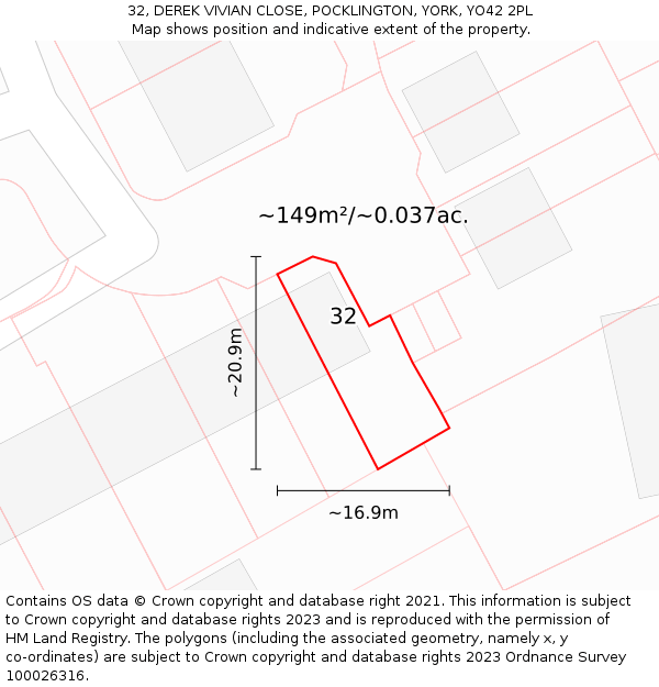 32, DEREK VIVIAN CLOSE, POCKLINGTON, YORK, YO42 2PL: Plot and title map