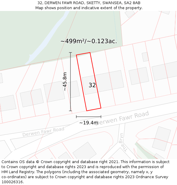 32, DERWEN FAWR ROAD, SKETTY, SWANSEA, SA2 8AB: Plot and title map