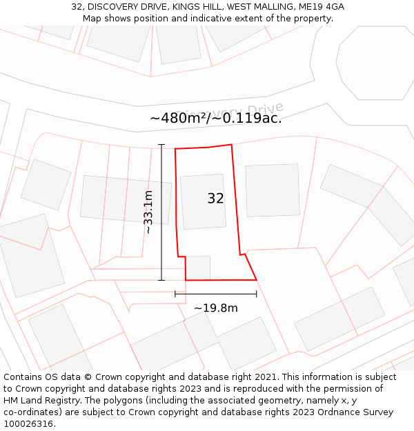 32, DISCOVERY DRIVE, KINGS HILL, WEST MALLING, ME19 4GA: Plot and title map