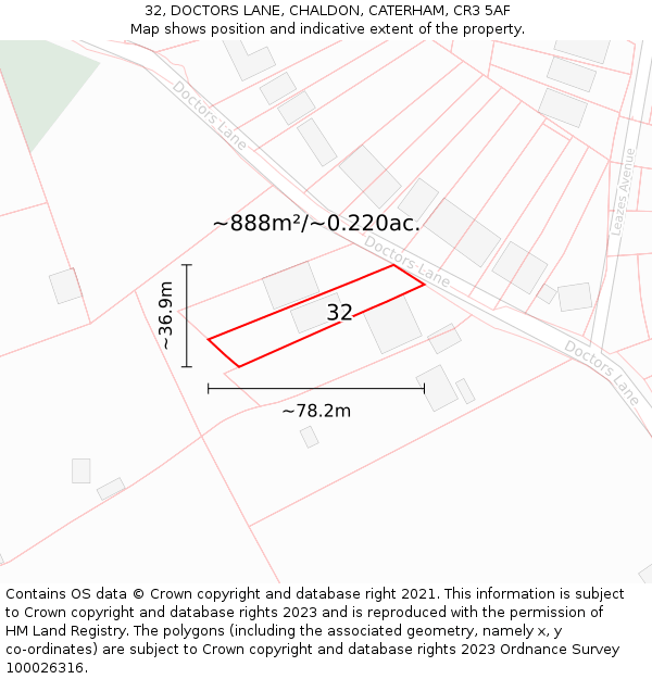 32, DOCTORS LANE, CHALDON, CATERHAM, CR3 5AF: Plot and title map