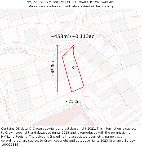 32, DOEFORD CLOSE, CULCHETH, WARRINGTON, WA3 4DL: Plot and title map