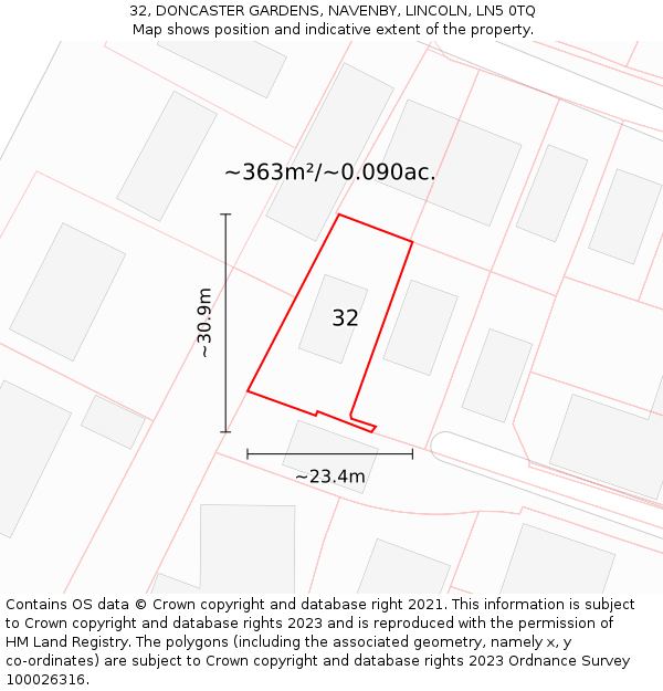 32, DONCASTER GARDENS, NAVENBY, LINCOLN, LN5 0TQ: Plot and title map