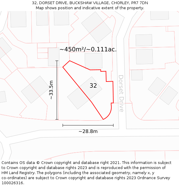 32, DORSET DRIVE, BUCKSHAW VILLAGE, CHORLEY, PR7 7DN: Plot and title map