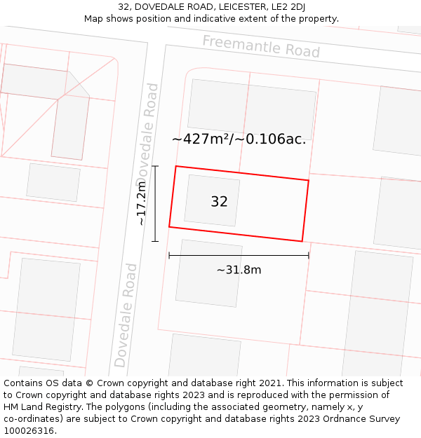 32, DOVEDALE ROAD, LEICESTER, LE2 2DJ: Plot and title map